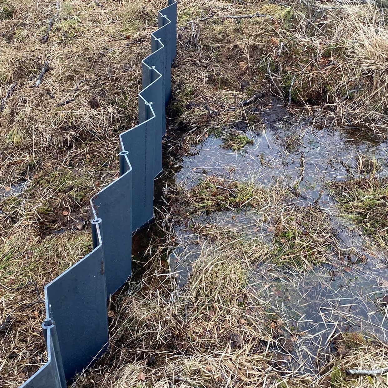 Plastic piling to help block ditches on the moss