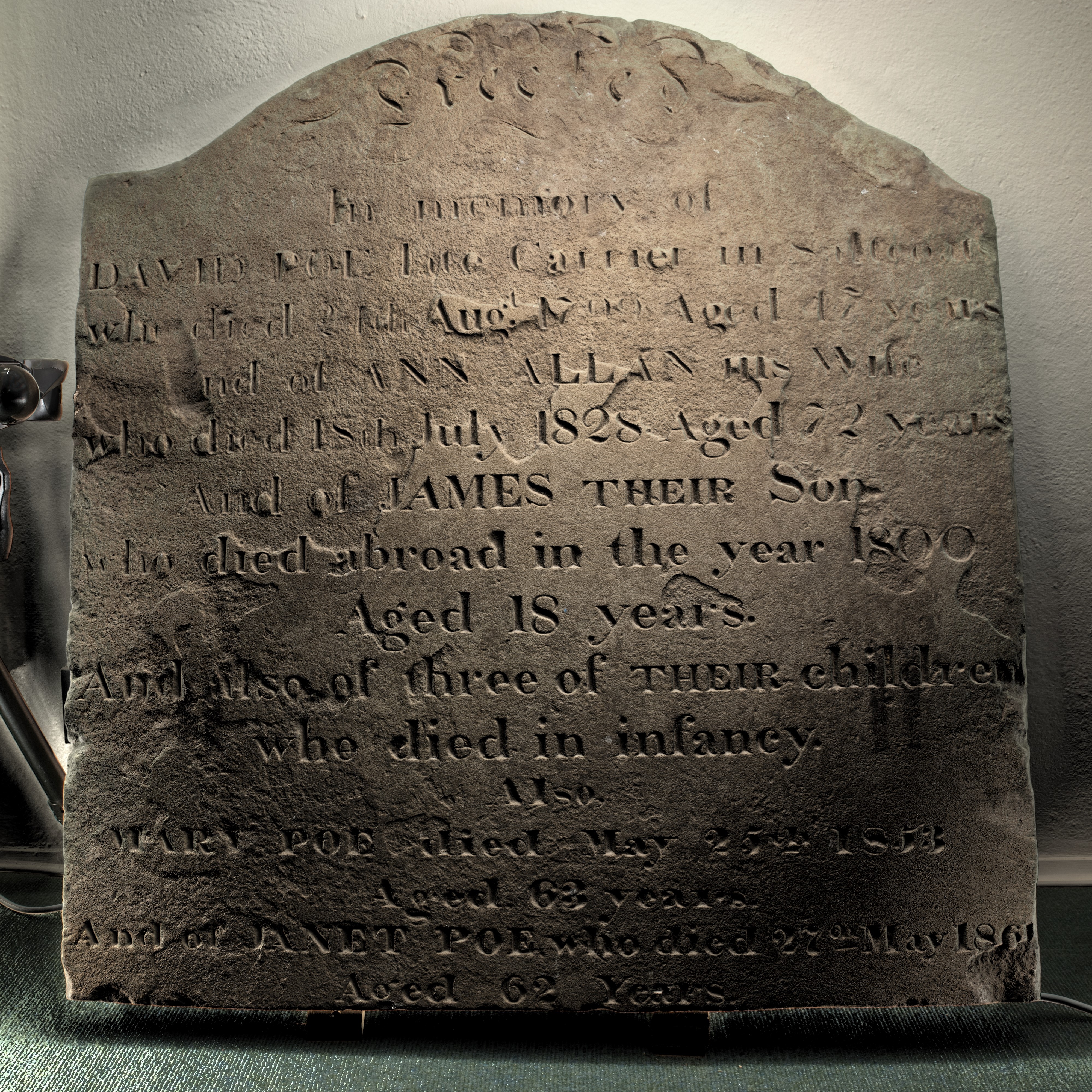 RTI image of Poe family headstone, North Ayrshire Heritage Centre